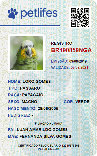 Documento Pet Registro Pássaro